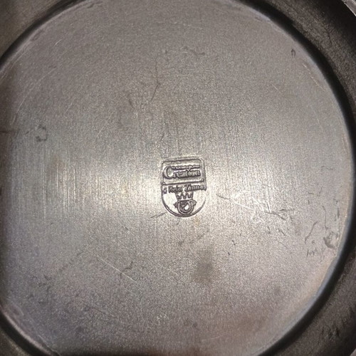 Vintage German beer stein used, embossed tavern scenes, 95% pewter