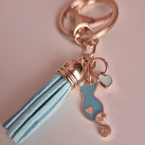 Handmade blue cat keychain with heart and tassel new