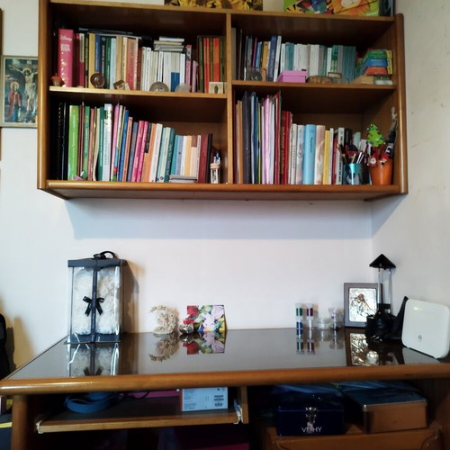 Wooden desk with glass and three drawers and bookshelf set like new