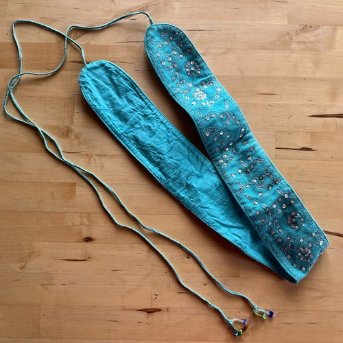 Blue fabric belt with rhinestones used, adjustable
