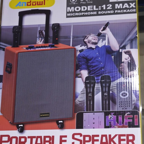 ANDOWL12MAX wireless karaoke speaker with 2 microphones