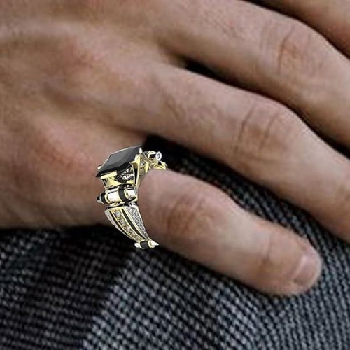 Men's vintage ring with rectangular black zircon new, gold and silver