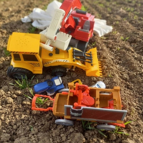 Toy vehicle set used with Playmobil excavator and Fischer Price carriage