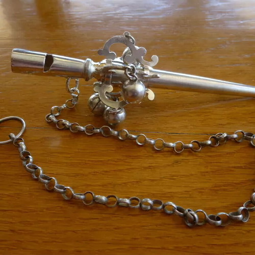 17th Century Dutch Antique Silver Baby Rattle Whistle used