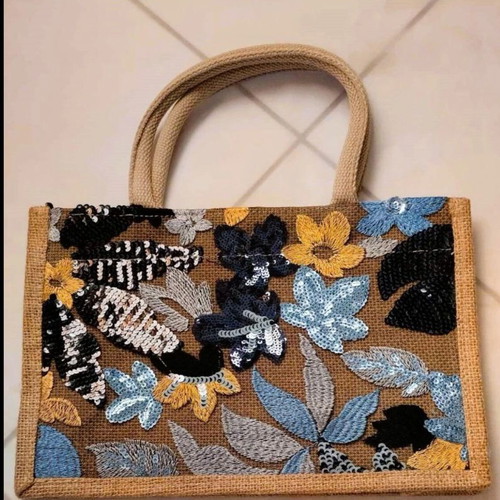 Floral Summer Straw Bag with Embroidered Flowers and Sequins