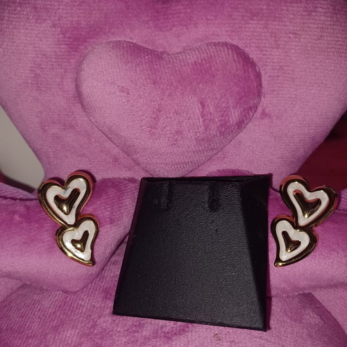Double Heart Earrings like new, gold and white