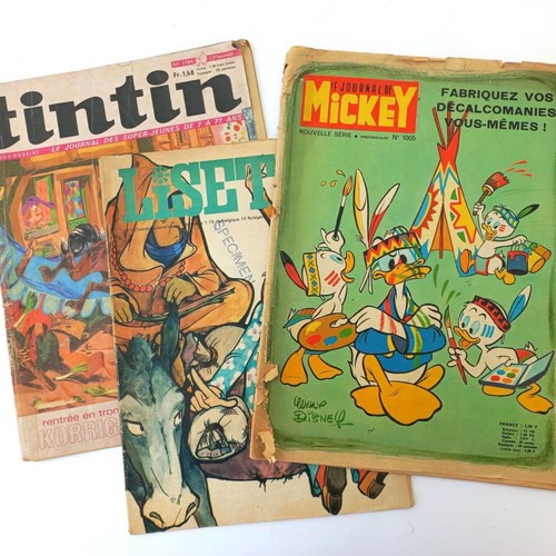 Pack of three used old French comics 1969-1971 Tintin, Mickey Mouse, Lisette