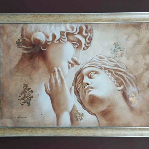 Painting with wooden frame used, dimensions 75x1.05cm
