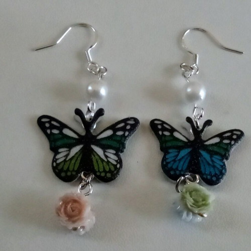 Handmade earrings with blue butterflies and pearls, new