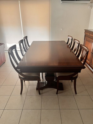 Dining room set with 8 leather chairs, solid beech wood table and buffet
