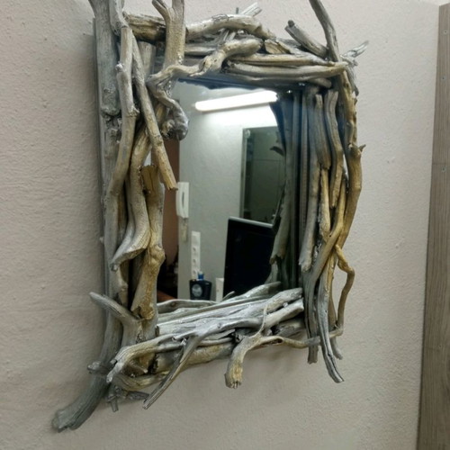 Handmade mirror new with driftwood in silver and gold