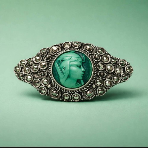 Vintage Silver Brooch with Green Cameo used, neoclassical style