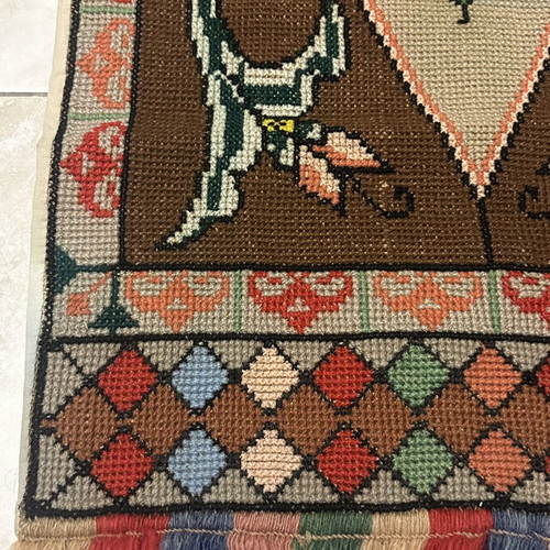Vintage handmade traditional cross-stitch rug used, 117x53cm