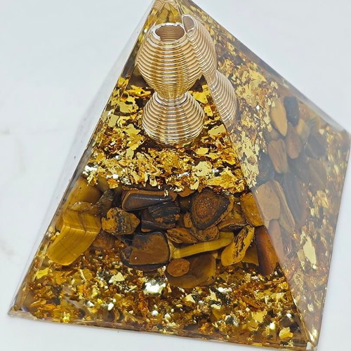 Orgonite pyramid with Tiger's Eye and gold leaves like new