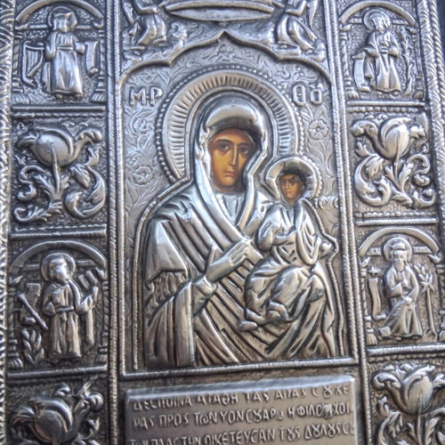 Panagia Soumela icon with silver relief on wood