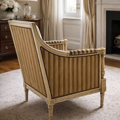Pair of Louis XVI Style Armchairs used, carved wood and velvet upholstery