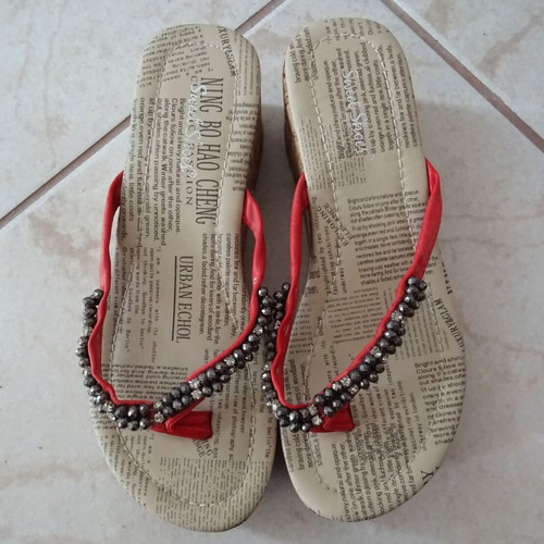 Platforms like new with unique decorated motif and beads, size 37, beige and red