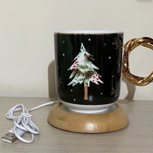 Heated Drink Warmer with USB Cable like new, silver-beige wood effect