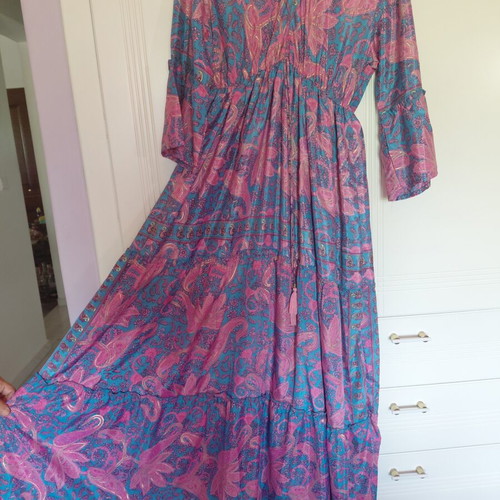 Indian Boho Maxi Dress Art Silk turquoise purple fuchsia like new
