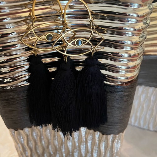 Dangling earrings with black tassels and gold details like new