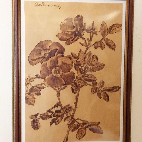 Pyrography Painting Flowers Signed Work by Triantafyllos Xanthopoulos