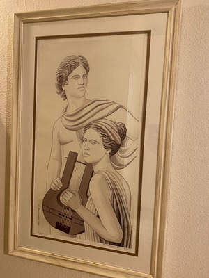 Hermes and Aphrodite lithograph used, large framed artwork by Dina Anastasiadou