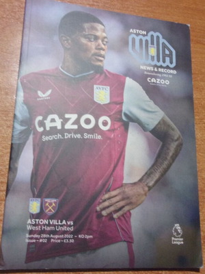 Aston Villa - West Ham official program 28/8/22 like new