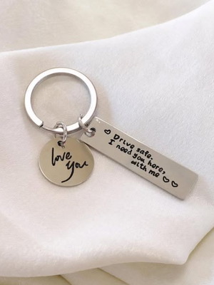Steel keychain new, black and silver, with message