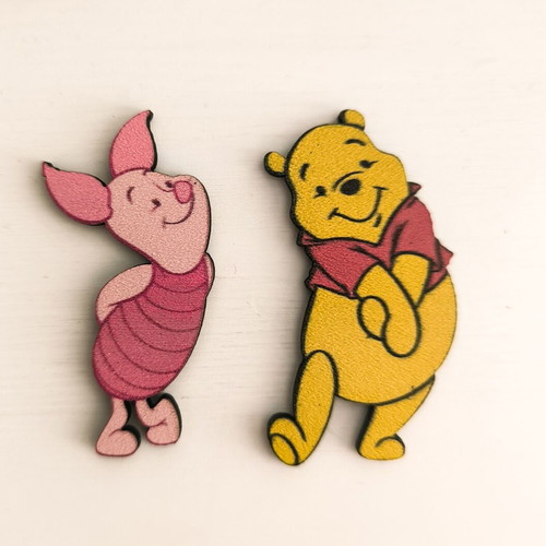 Wooden Winnie the Pooh and Piglet earrings new, pink multicolor