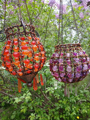 Candlesticks used, hanging orange and purple, set of 2