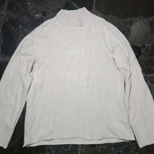 Unisex Stüssy cream mock neck sweatshirt used with embroidered logo