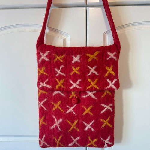 Handmade Crossbody Bag Used from Nepal Red Wool Felt