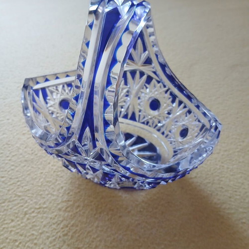 Bohemian crystal basket with cobalt blue cut-to-clear design