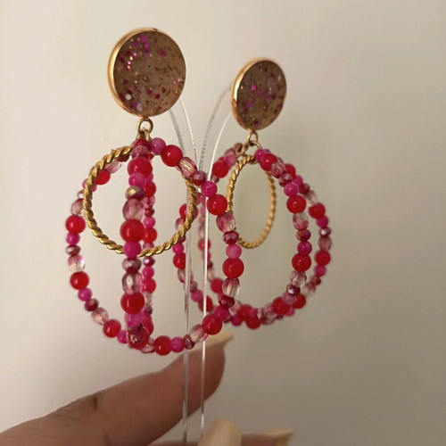 Handmade earrings with steel, resin & beads, new, pink and gold