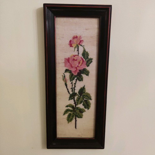 Vintage embroidered painting used with rose in wooden frame