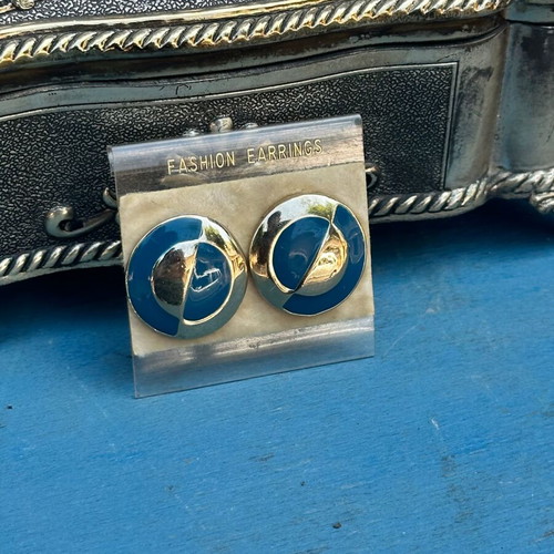 Vintage stud earrings blue and gold round 2.5 cm used