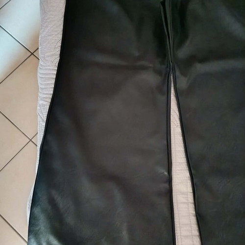 Black faux leather pants with button and elastic waist, size 3