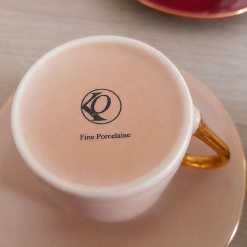 Espresso cup set used, 6 pieces fine porcelain pink and burgundy