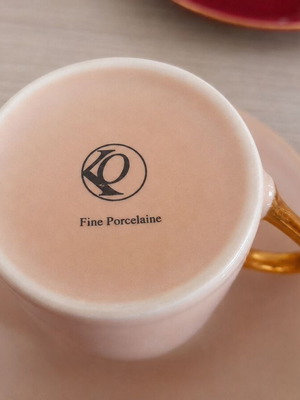 Espresso cup set used, 6 pieces fine porcelain pink and burgundy