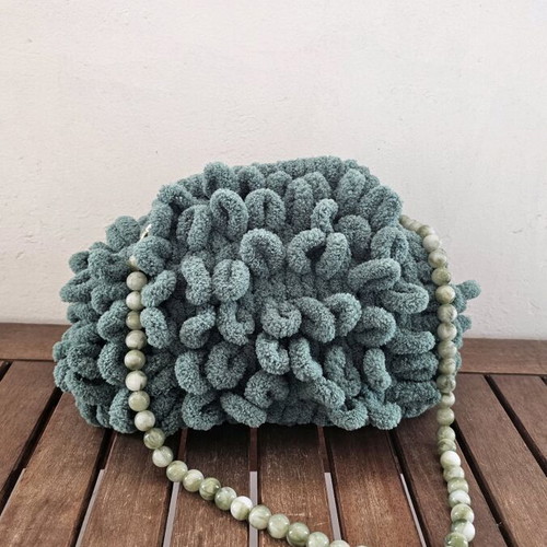 Puffy bag handmade handheld dark green with marble chain new