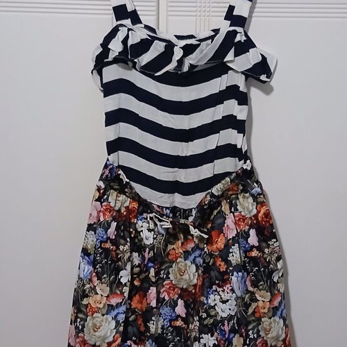 Mini dress with striped top and integrated floral skirt like new, size S