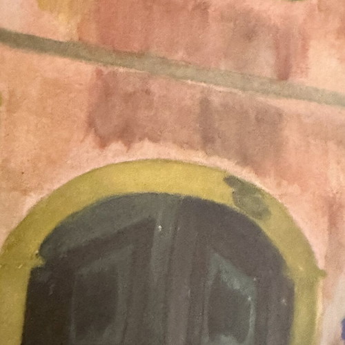 Painting of traditional building facade with arched entrance