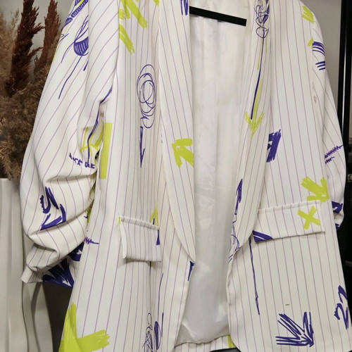White blazer with designs used, relaxed fit, sizes M-L