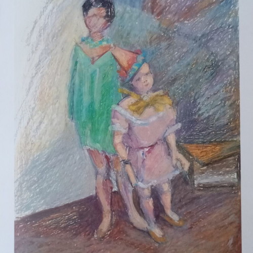 Silkscreen artwork by Eleni Mouger with children's figures, used, framed