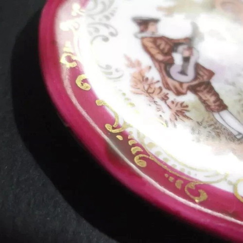 Limoges vintage miniature porcelain decorative plate used, Victorian couple theme