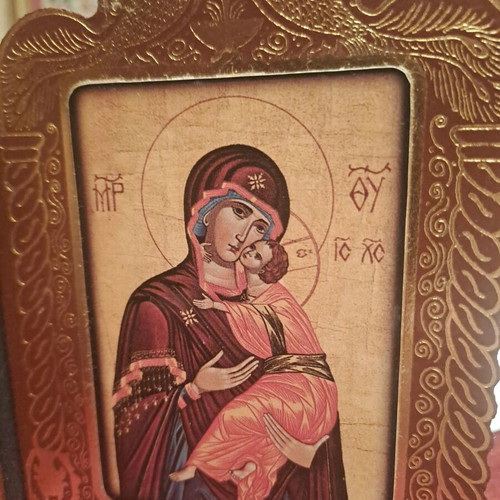 Wooden religious diptych with Virgin Mary and Saint John the Theologian used