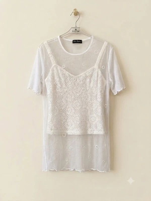 White set with lace top and transparent overlay, like new