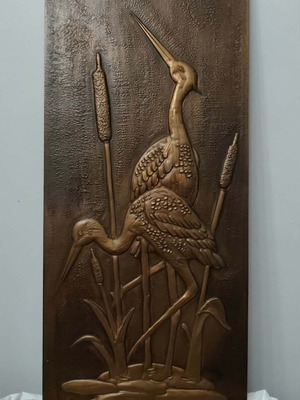 Vintage embossed copper panel "Erodioi" used, signed by A. Anastasopoulou