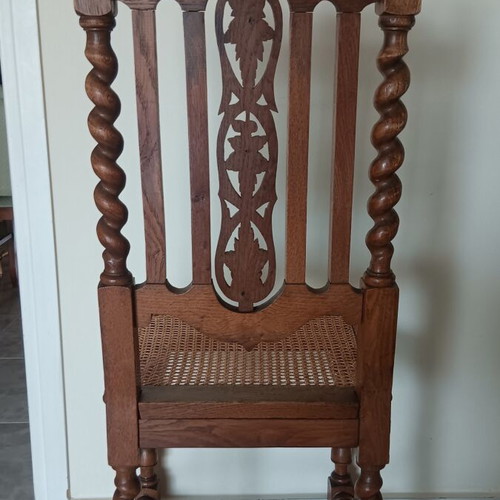 French antique Henry II Louis XIII dining set, walnut and oak, 6 chairs