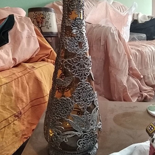 Vintage glass carafe with metal filigree decoration like new